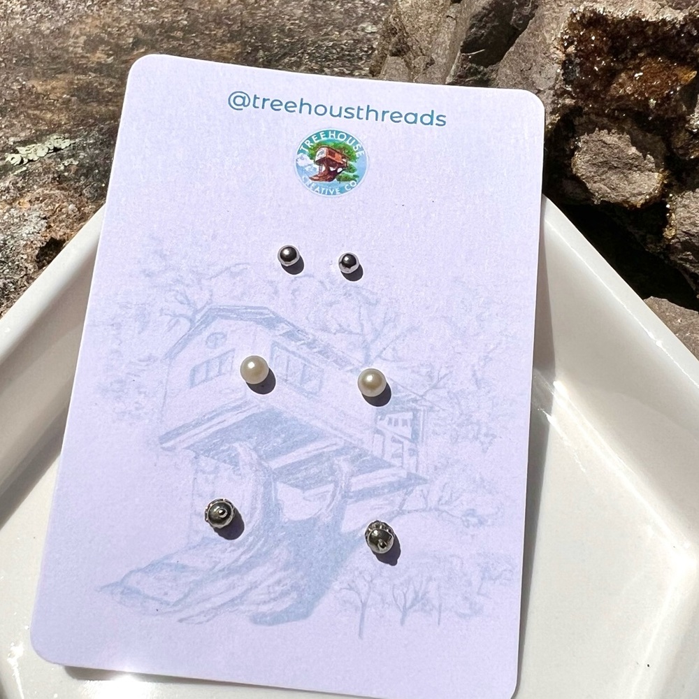 Three Pairs Stud Earrings Silver and Pearl Set